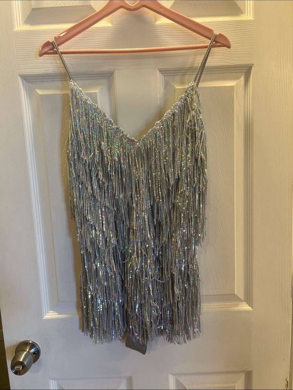 NWT Bear Dance Silver Holographic Sequin Fringe Slip
